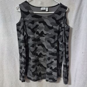 White House Black Market Gray Camouflage Cold Shoulder Top